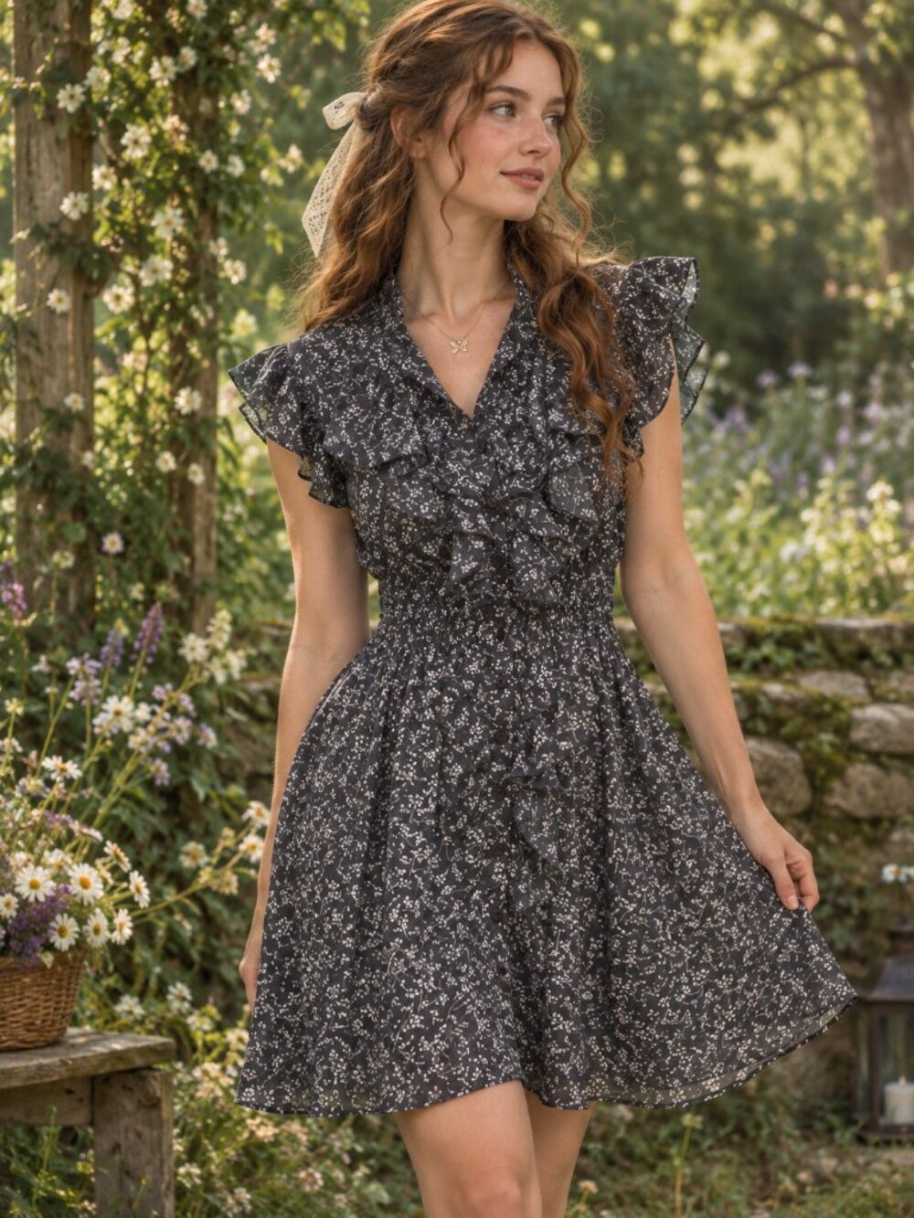 Selection Floral Ruffle Front Button Dress Size L Black Gray Cottagecore
